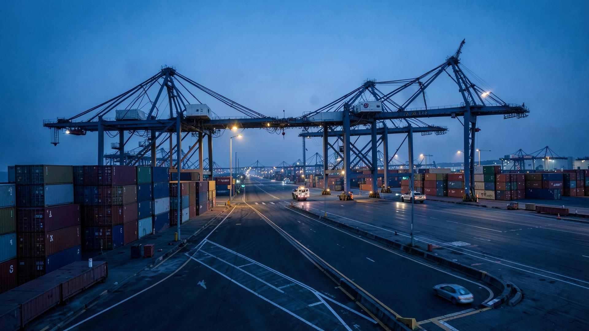 Container terminal at dusk